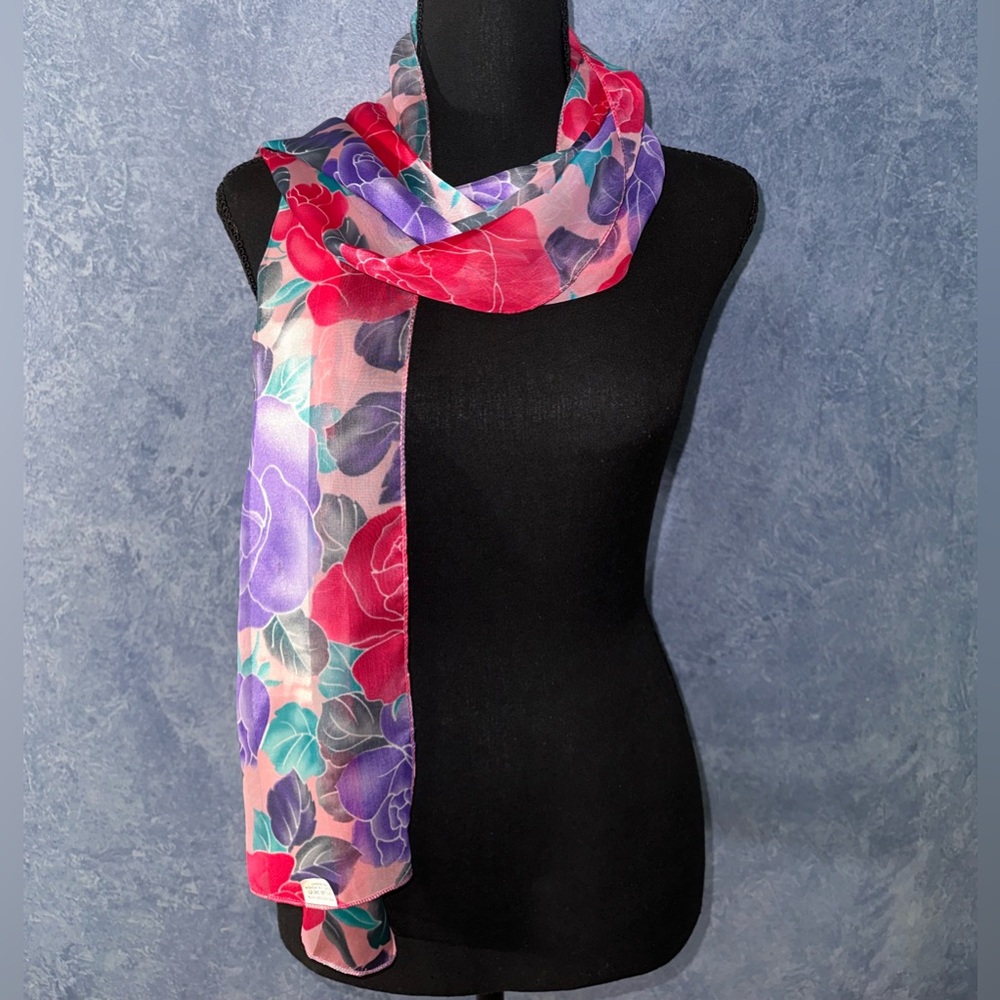 Floral Scarf with Red and Purple Accents